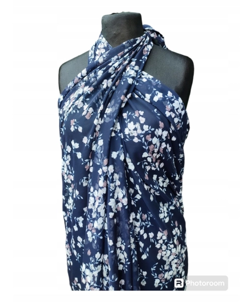 Duża chusta plażowa - eleganckie PAREO XXL szyfon białe kwiatuszki